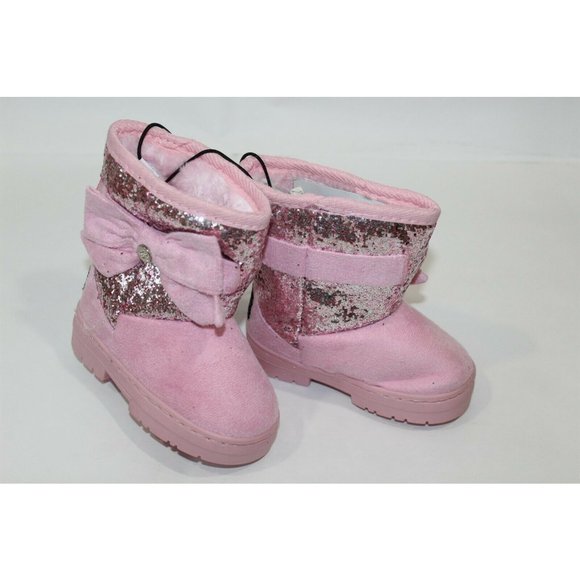 Unbranded Other - Toddler Girls Winter Boots Pink Faux Suede with Glitter & Bow Size 5